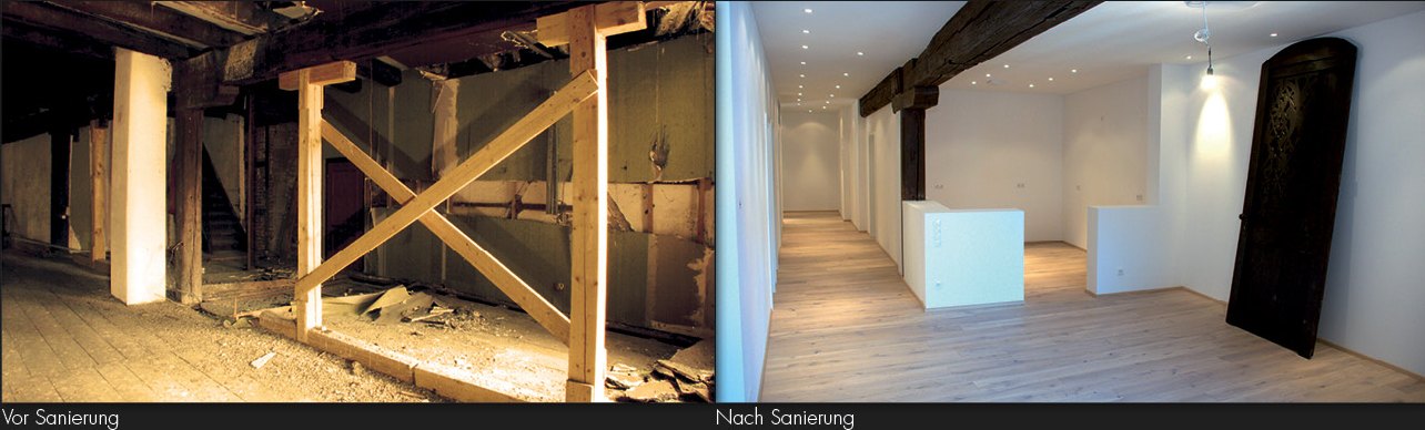 Almosmühl: Innenraum vor und nach der Sanierung