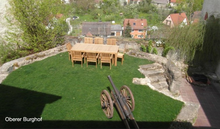 Oberer Burghof der Burg Hiltpoltstein mit Tafel und Kanone