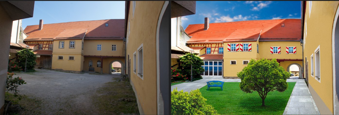 Rentamtsschloss Hiltpoltstein vor der Sanierung und als Planung